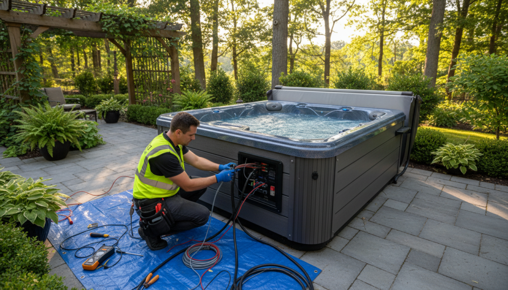 A professional electrician from Kay1 Electric is diligently installing wiring for a hot tub in a residential backyard setting. In the foreground, the electrician, dressed in a safety vest and work gloves, is carefully connecting wires to the hot tub’s control panel. Tools and electrical components are scattered nearby, emphasizing the installation process. In the middle ground, the hot tub is partially filled with water, showcasing its sleek design and built-in features. The background features a well-maintained patio area with greenery and decorative plants, creating a relaxing atmosphere. The lighting is bright, indicating a sunny day, with shadows cast by the surrounding trees. The angle of the shot is slightly elevated, providing a comprehensive view of the installation setup, conveying professionalism and expertise in electrical work.