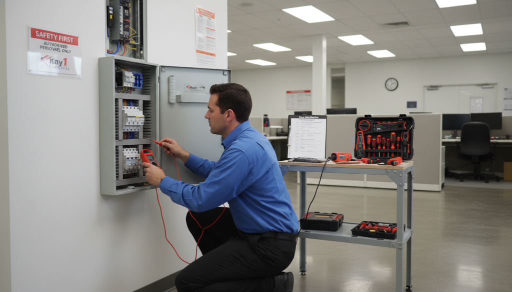 A professional electrician inspecting electrical panels in a well-lit commercial space, emphasizing code compliance and safety. In the foreground, a focused technician dressed in business attire examines a circuit breaker with a multimeter, demonstrating diligence in routine electrical maintenance. The middle ground includes neatly organized electrical tools and code-compliant documentation spread out on a table, highlighting industry standards. In the background, a bright and modern office environment with safety signage visible on the walls, reinforcing the theme of electrical safety. The lighting is bright and clear, showcasing the importance of vigilance in electrical inspection. The overall atmosphere is professional and purposeful, capturing the essence of "Kay1 Electric" and emphasizing the critical nature of code compliance in commercial properties.