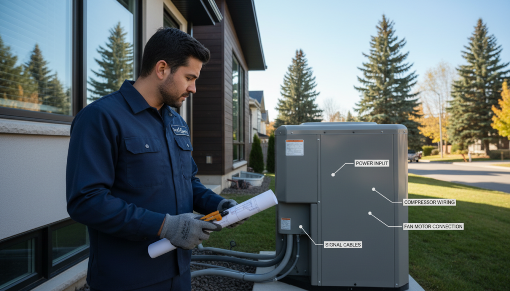 A professional technician in a smart uniform, labeled with "Kay1 Electric," is inspecting a heat pump installation outside a modern home in Canada. The foreground features the technician holding a wiring diagram and tools, focused and diligent in his work. In the middle ground, the heat pump is clearly visible, showcasing important electrical connections and components, with labels highlighting wiring ports and connections. The background includes a suburban setting with trees and a clear sky, evoking a fresh, technical atmosphere. Soft natural lighting illuminates the scene, providing clarity and focus on the heat pump’s details, with a slightly angled perspective to emphasize the technician's engagement and the installation process.