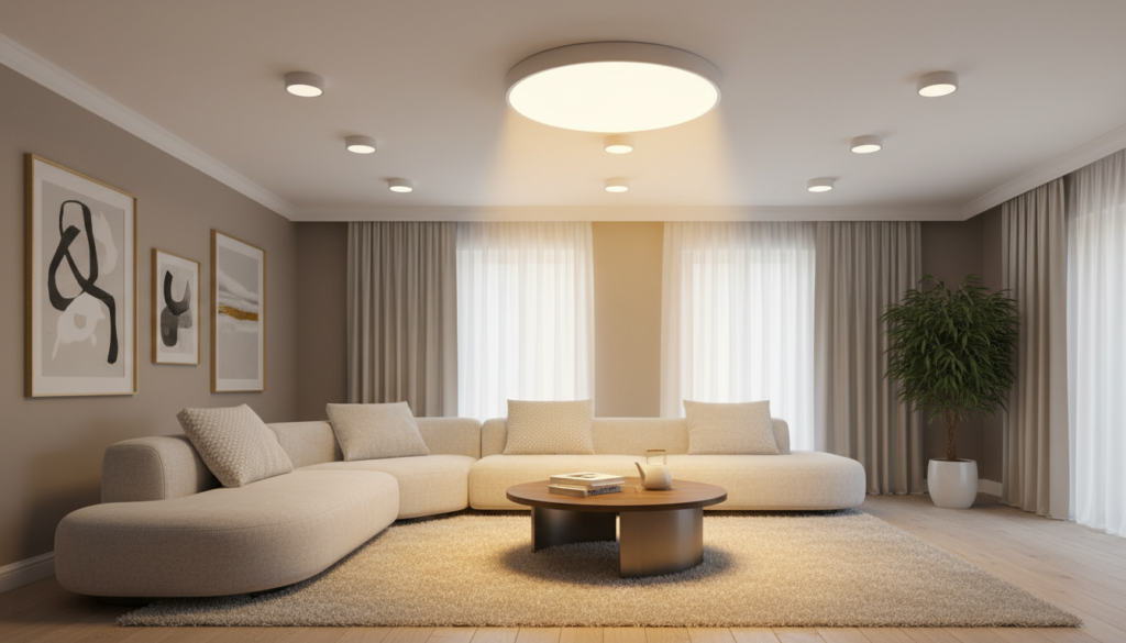 A stylish living room featuring modern LED ceiling fixtures by Kay1 Electric. In the foreground, a sleek, circular recessed LED pot light illuminates a cozy seating area with plush sofas and a coffee table. The light is warm and inviting, highlighting the textures of the furnishings. In the middle background, additional pot lights are installed evenly across a ceiling with a minimalist design, casting soft, diffused light that enhances the room's ambiance. The walls are painted in neutral tones, adorned with tasteful artwork that complements the lighting. The atmosphere is serene and contemporary, showcasing how effective LED fixtures can transform a space, shot with a slightly wide-angle lens to capture the entirety of the room. The image is bright and inviting, without any text or branding overlays.