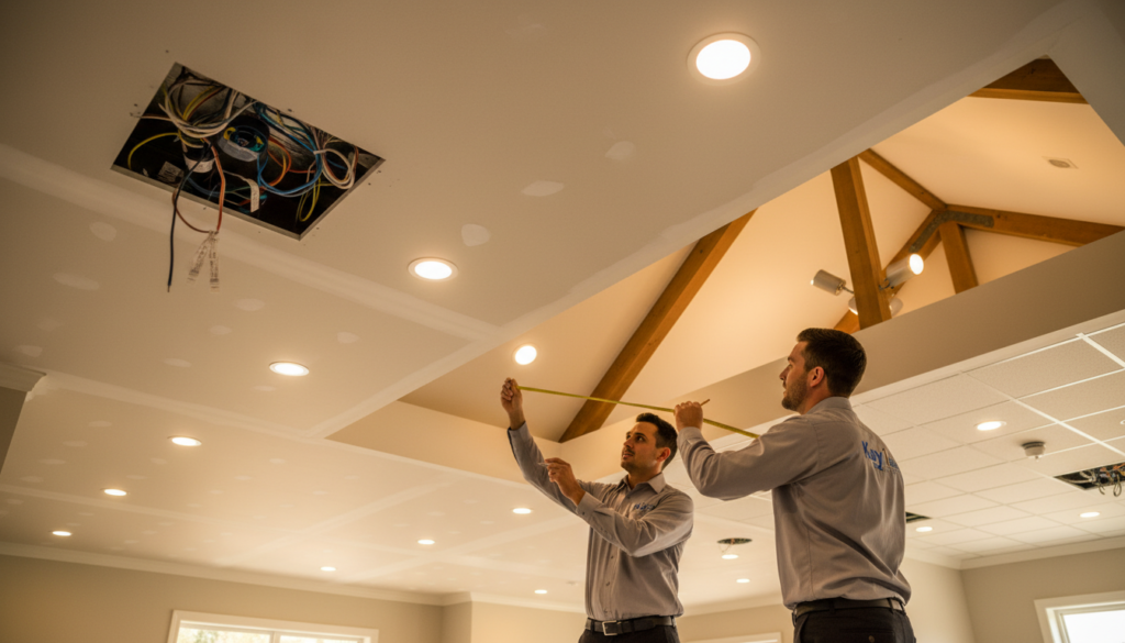 A well-lit residential ceiling showcasing a professional installation of LED pot lights in various ceiling types. In the foreground, there is an open access panel revealing electrical wiring and pot light fixtures neatly arranged. In the middle ground, two electricians in smart, modest work attire from Kay1 Electric are collaborating, measuring and discussing placements for optimal lighting. The background features different ceiling styles: a flat ceiling, a vaulted ceiling, and a dropped ceiling, demonstrating how each type accommodates lighting. The scene is bathed in warm, natural light, accentuating the sleek design of the pot lights, with a focus on the professional atmosphere, technical precision, and innovative home transformation.